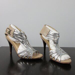 Cole Haan Silver and Tan Strappy Stiletto Sandals